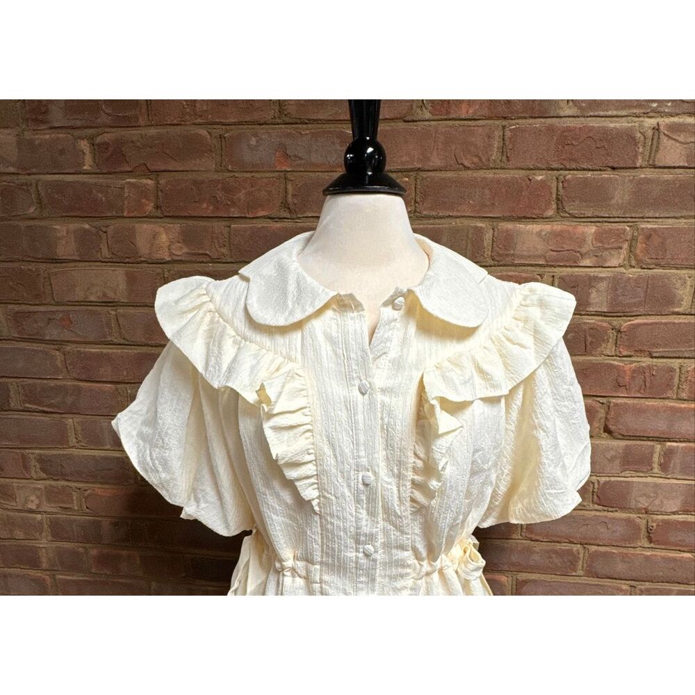 Listicle Women’s Cream Stripe Ruffle Puff Sleeve Dress Sz Lg NEW - Picture 6 of 11